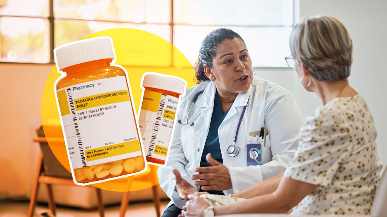 A graphic composite image shows a female doctor in a white coat, gesturing while speaking to an elderly patient, which is overlaid with two large prescription pill bottles.