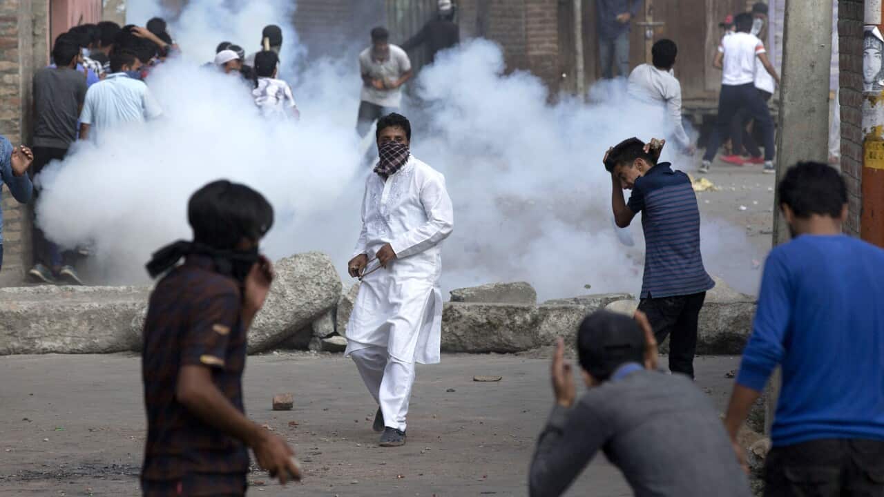 Kashmiri Muslims take part in a protest, in Srinagar, the summer capital of Indian Kashmir.