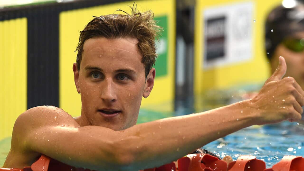 Cameron McEvoy gives the thumbs up to his coach