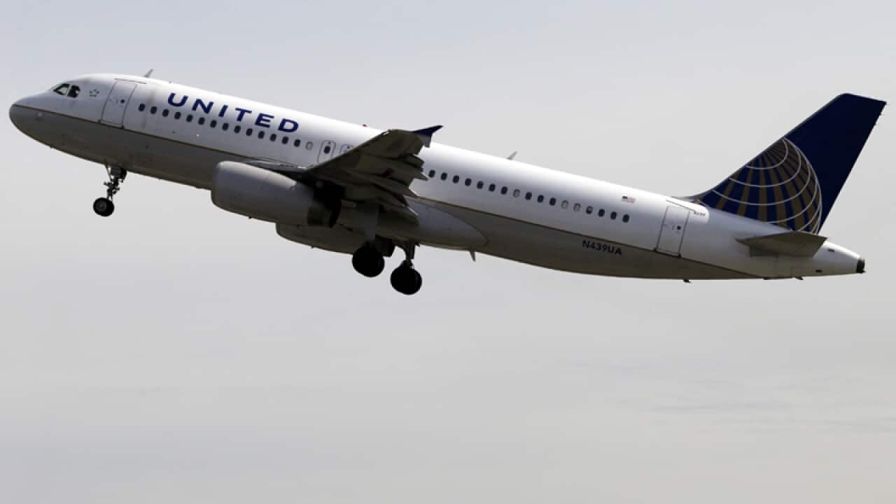 A United Airlines aeroplane takes off