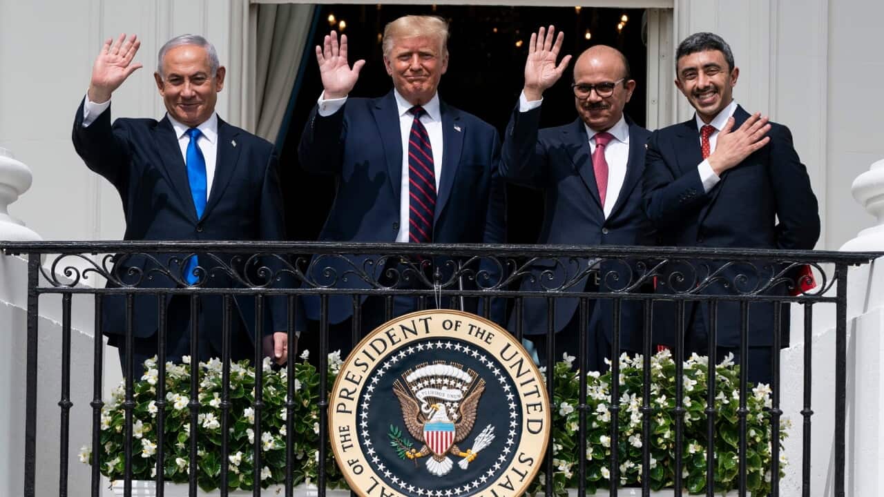 Donald Trump,Benjamin Netanyahu,Khalid bin Ahmed Al Khalifa,Abdullah bin Zayed al-Nahyan