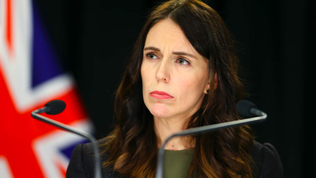 Prime Minister Jacinda Ardern talks to reporters.