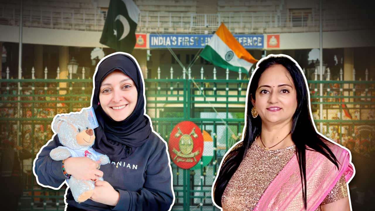 A combination image of one woman on the left holding a plush toy and another woman smiling at the camera on the right.