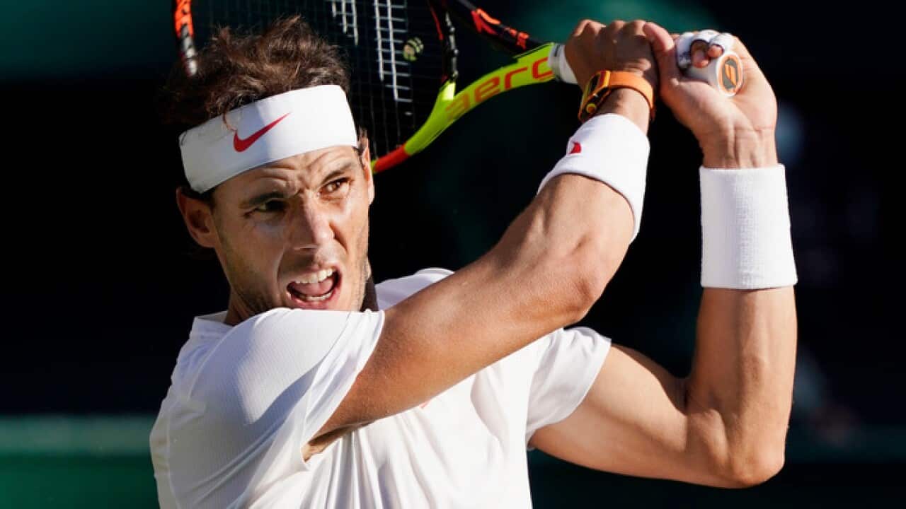 Rafael Nadal of Spain plays Juan Martin Del Potro of Argentina in the quarterfinals at Wimbledon