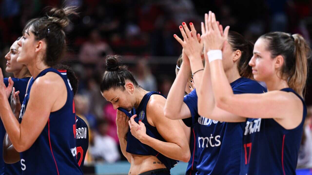 Serbia's basketball team greet their fans after the 2022 FIBA Women's Basketball World Cup Quarter Final versus the USA in Sydney