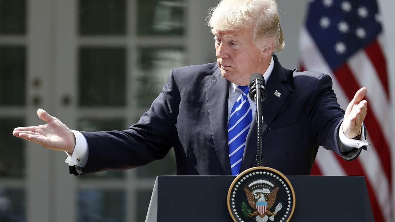 President Donald Trump speaks during a news conference with Spanish Prime Minister Mariano Rajoy in the Rose Garden of the White House.