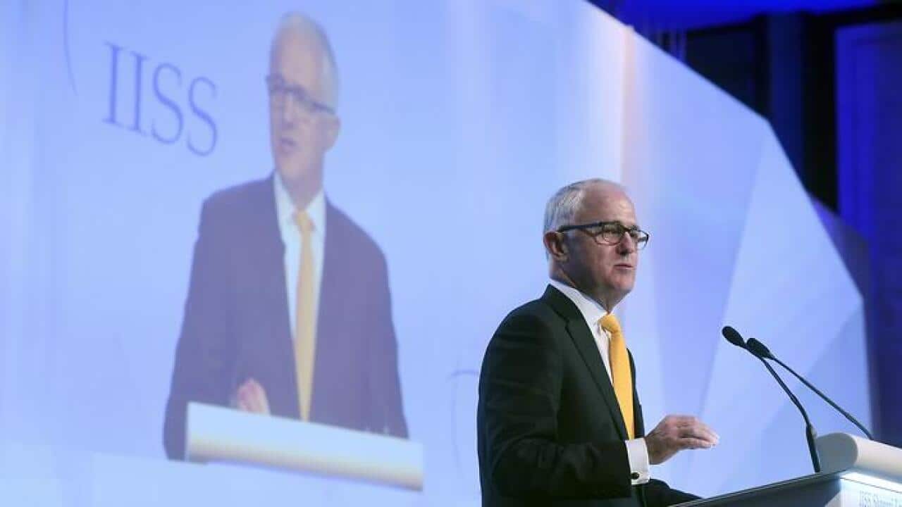 Australia's Prime Minister Malcolm Turnbull delivers the keynote address at the 16th International Institute for Strategic Studies Shangri-la Dialogue, or IISS, Asia Security Summit on Friday, June 2, 2017 in Singapore. (AP Photo/Joseph Nair)