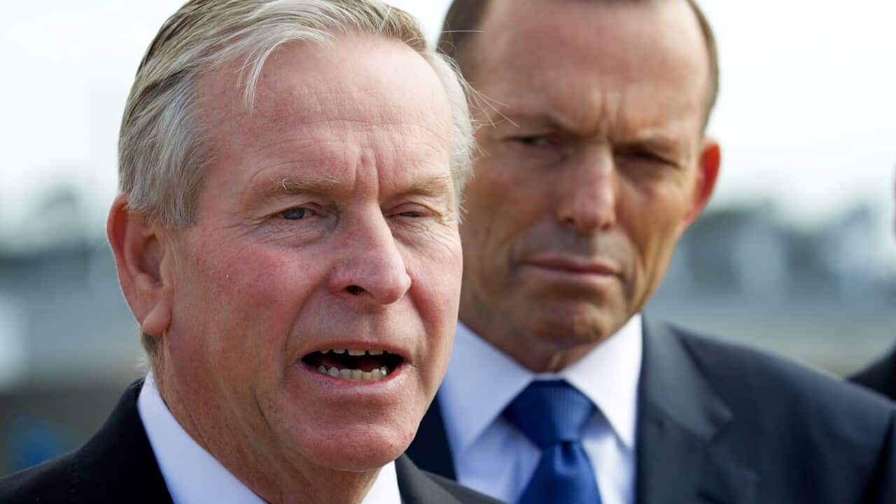 Western Australia Premier Colin Barnett (left) with Australian Prime Minister Tony Abbott speaking at a press conference Sunday, Sept. 13, 2015.