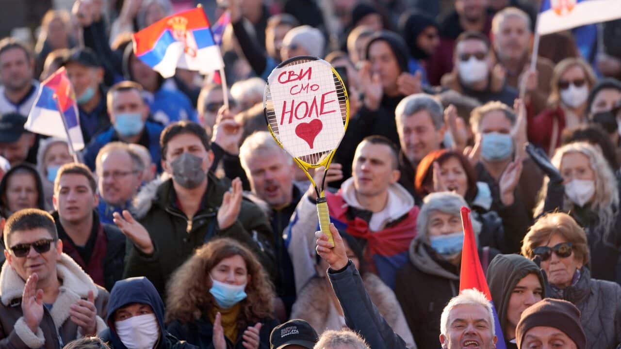 Several hundred people gathered outside Serbian parliament in a show of support for Serbian player Novak Djokovic on Friday, 7 January.