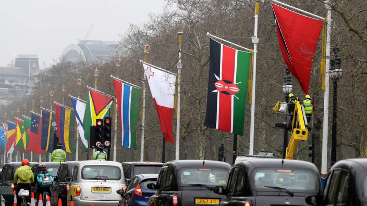 Flags of the Commonwealth countries are hung along The Mall in London, Thursday, April 12, 2018. The Commonwealth Heads of Government Meeting CHOGM will take place in London from April 16-20.(AP Photo/Kirsty Wigglesworth)