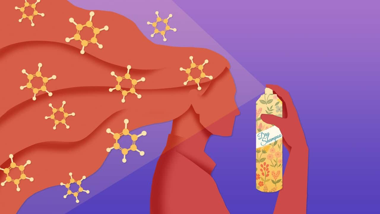 A red silhouette of a woman sprays product into her long, flowing hair from a can labelled Clean Hair Dry Shampoo. Ten large chemical molecules surround her hair.