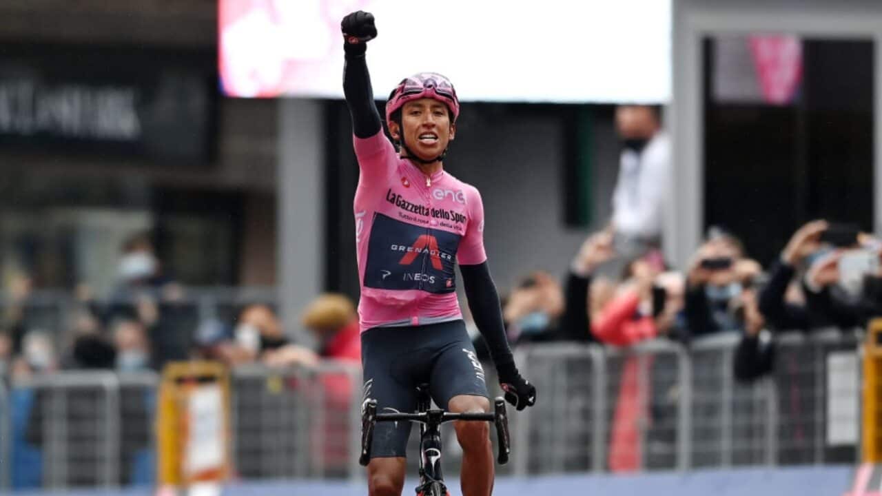 Egan Bernal of Team Ineos Grenadiers celebrates his Stage 16 victory at the Giro d'Italia