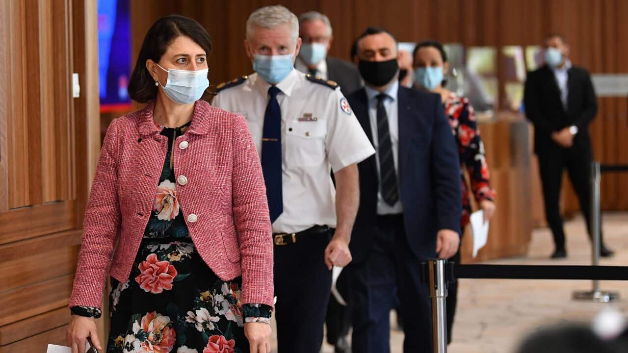 NSW Premier Gladys Berejiklian arrives to speak to the media during a press conference in Sydney, Friday, September 10, 2021.