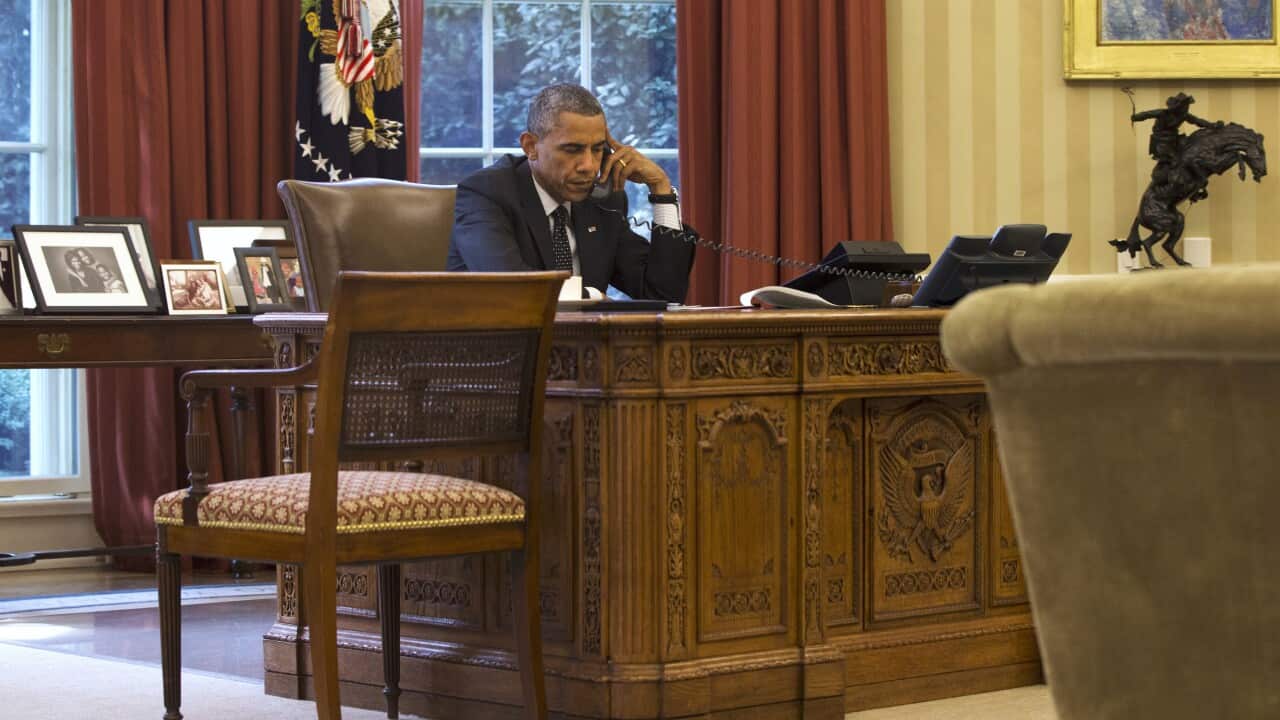 (File Image) Barack Obama on a phone call in the White House in 2014.