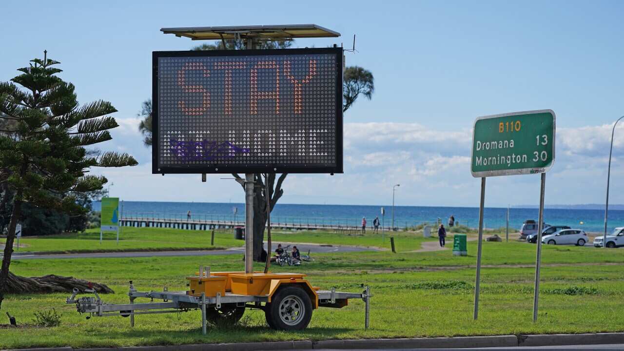 A Stay at Home sign is seen in Rye, Sunday, 19 April, 2020.
