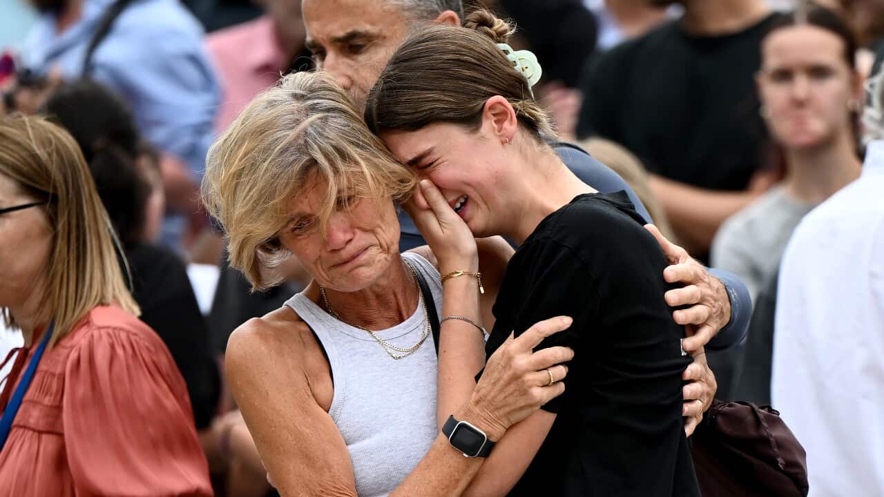 Mourners at a memorial at Bondi Beach in Sydney, Sydney, Monday, December 15, 2025.