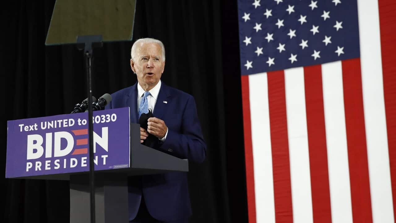 Democratic presidential candidate, former Vice President Joe Biden speaks at a high school in Delaware (AAP)