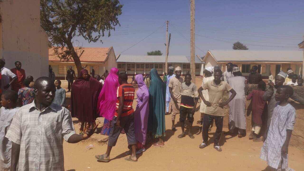 People gathered inside the Government Science Secondary School in Kankara, Nigeria on Saturday, Dec 12, 2020.