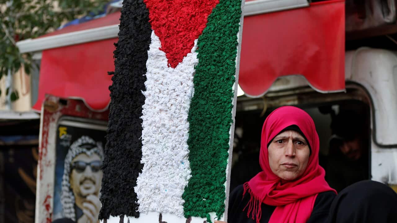 A woman holds a symbolic of the Palestine flag with Arabic words that read: "Palestine for us"