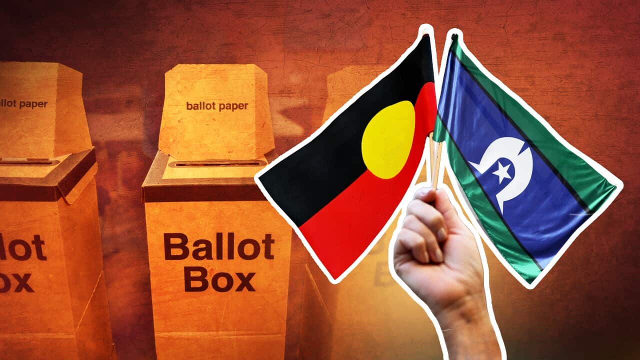 An artwork depicting ballot boxes and a person holding the Aboriginal and Torres Strait Islander flags.