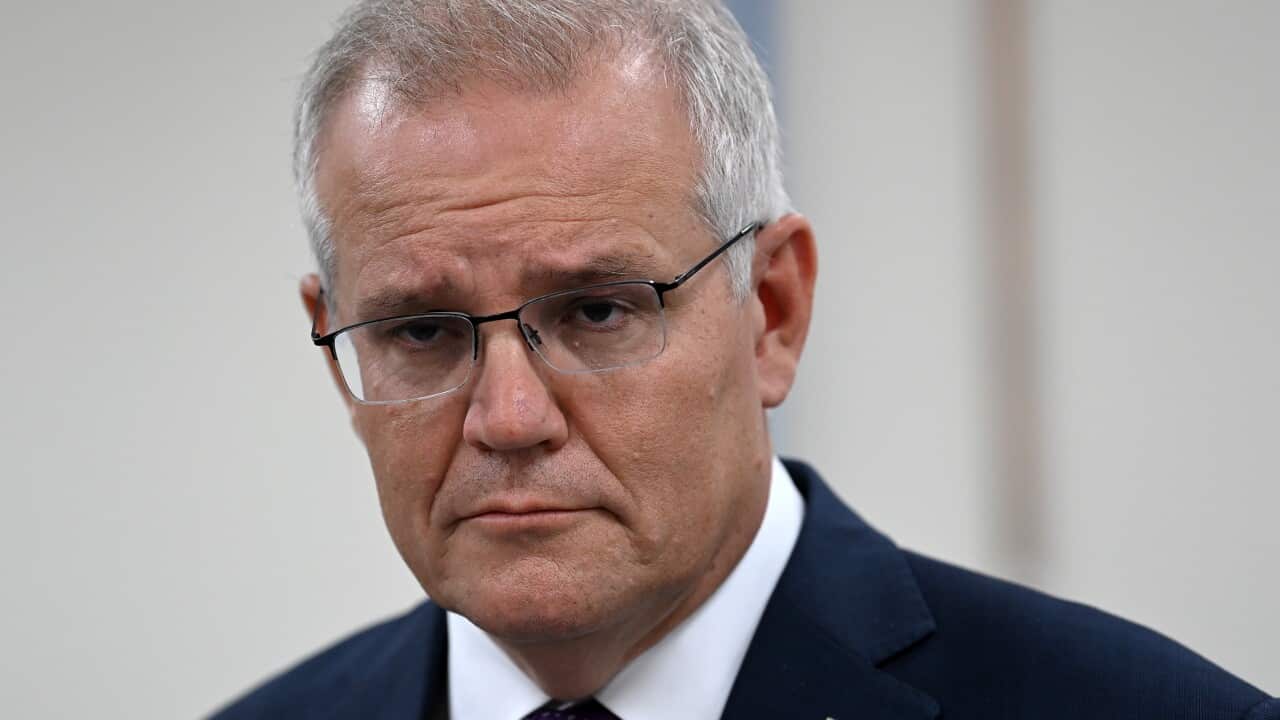 Prime Minister Scott Morrison speaks to the media during a press conference following a tour of the Thales offices in Sydney, Wednesday, April 6, 2022. (AAP Image/Bianca De Marchi) NO ARCHIVING