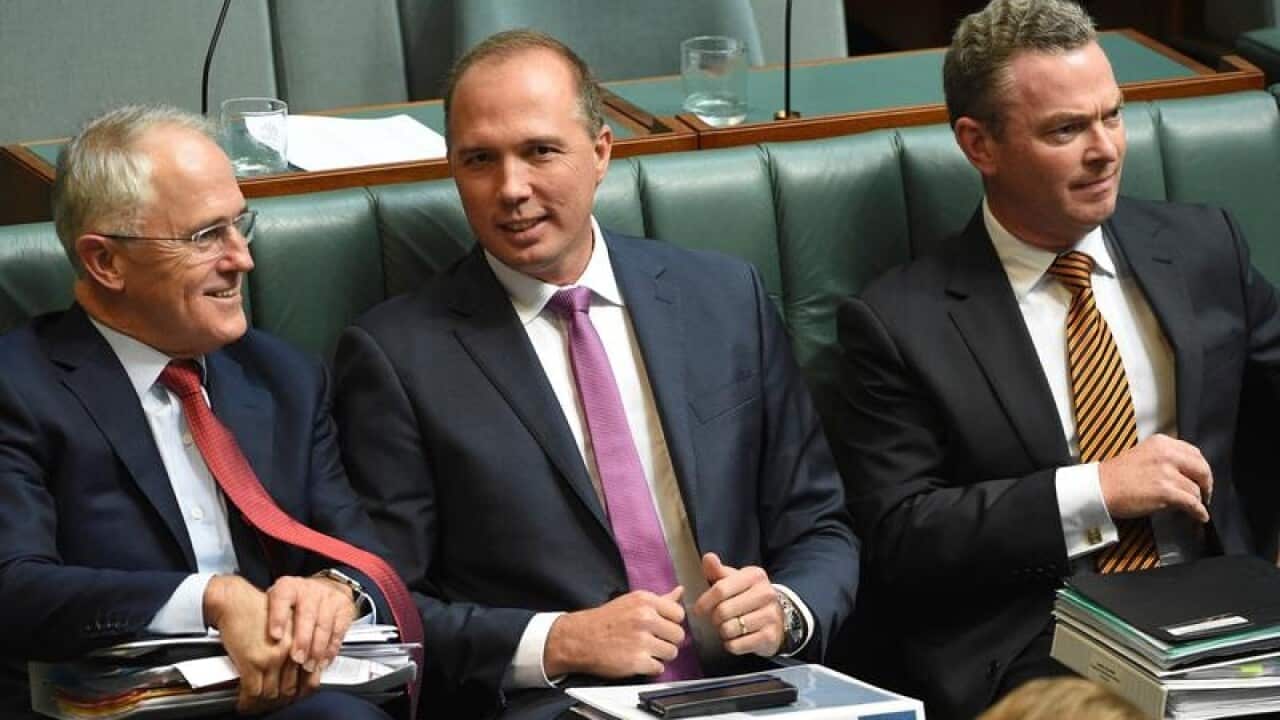 Ex-PM Malcolm Turnbull with Peter Dutton and Christopher Pyne.
