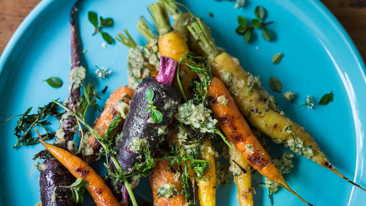 Carrots, tops, honey and black garlic