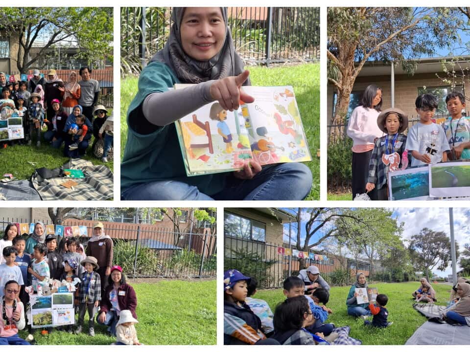Dian Fikriani (holding a book), facilitator of the "Indolanan - Hutan Otan" activity focused on environmental conservation, with children and their parents at Carlson Reserve, Clayton – September 19, 2026. Photos courtesy: Indolanan 2026.