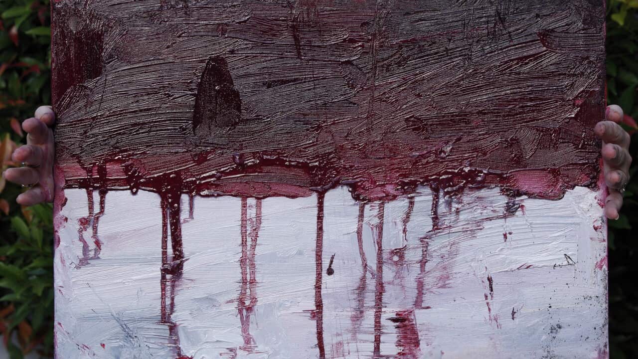 Myuran Sukumaran's last painting seen at the port opposite Nusakambagan Island Prison near Cilicap, Indonesia, April 29, 2015. (AAP Image/Mick Tsikas)