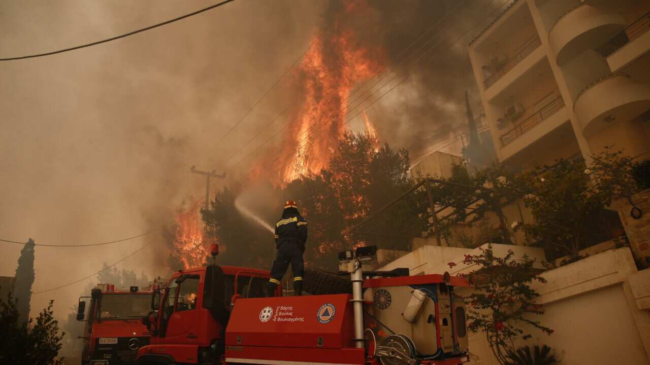 A fireman tries to extinguish flames during a wildfire in the suburb of Voula, south of Athens, Greece, 04 June 2022.