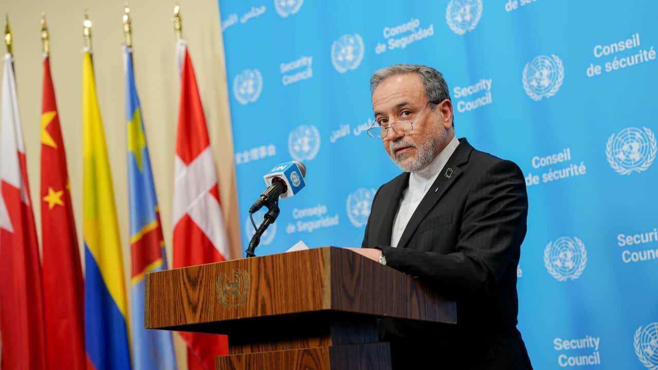 A middle-aged Iranian man standing before a lectern. There are flags and a blue screen behind him.