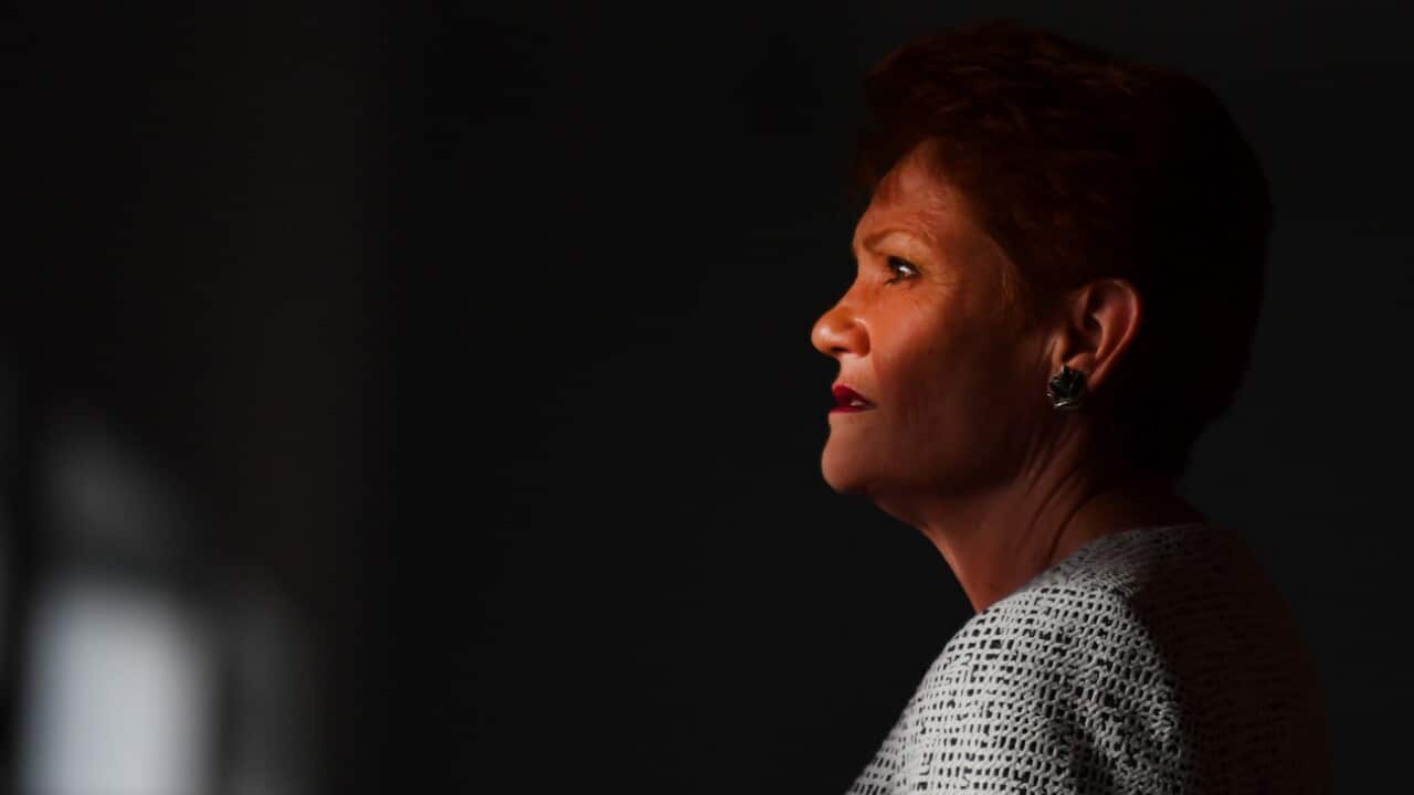One Nation leader Senator Pauline Hanson arrives at a press conference at Parliament House