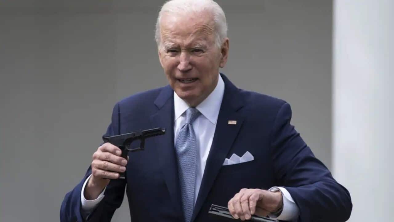 US President Joe Biden holds up a ghost gun kit during an event about gun violence in the Rose Garden of the White House 11 April, 2022 in Washington, DC.