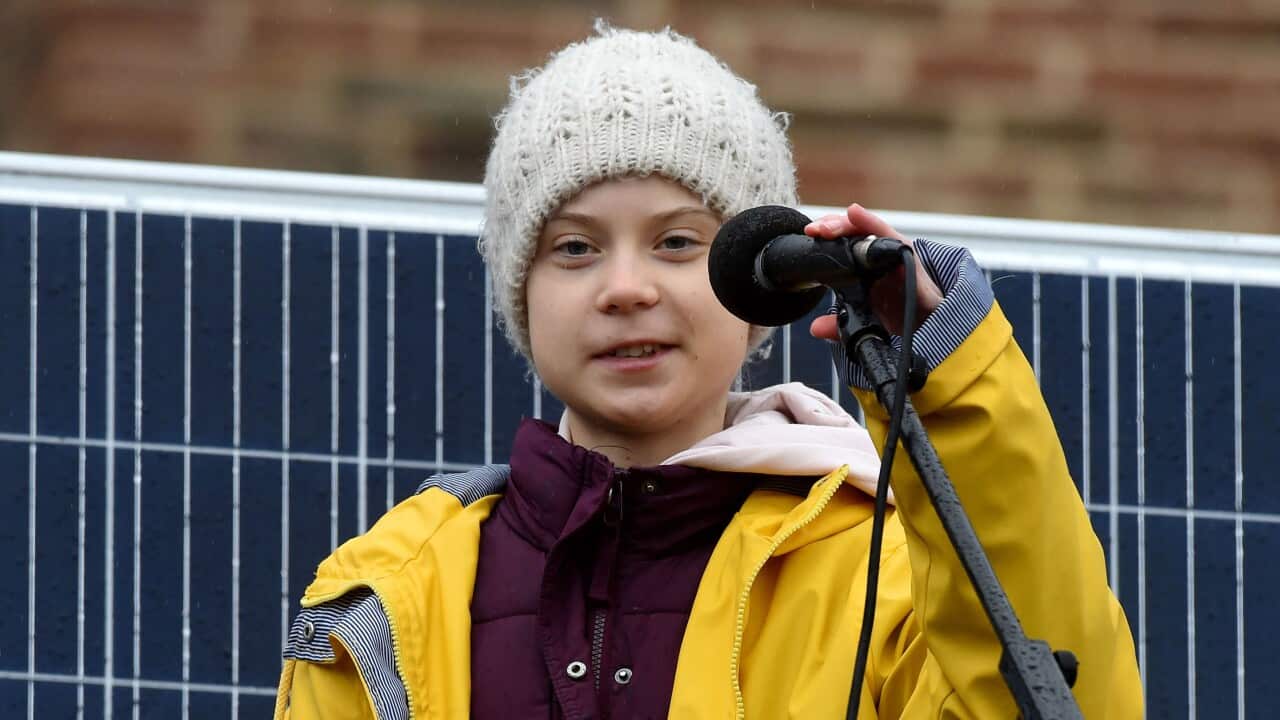 Swedish environmentalist Greta Thunberg speaks to demonstrators during a Bristol Youth Strike 4 Climate (BYS4C) march in Bristol, England.