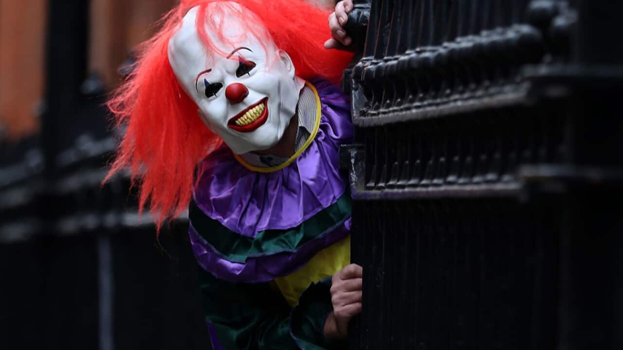 A model wearing a clown costume