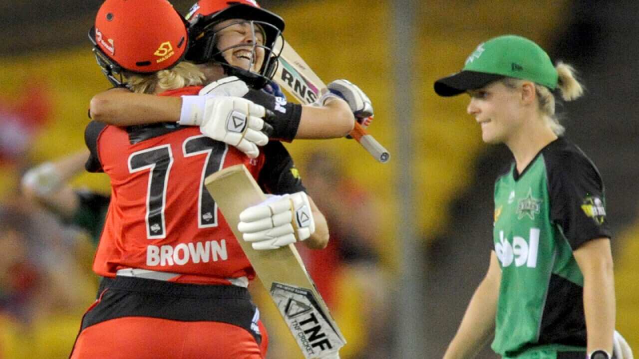 Maitlan Brown and Molly Strano of the Renegades celebrate