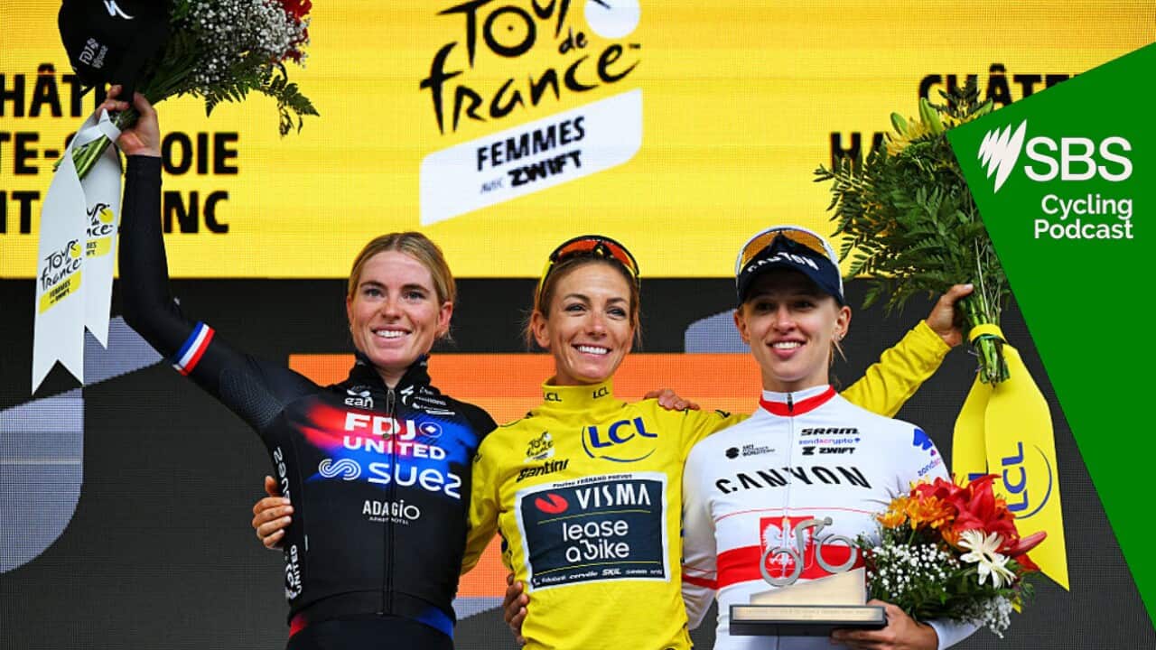 CHATEL LES PORTES DU SOLEIL, FRANCE - AUGUST 03: (L-R) Demi Vollering of Netherlands and Team FDJ - SUEZ on second place, race winner Pauline Ferrand-Prevot of France and Team Visma | Lease a Bike - Yellow leader jersey and Katarzyna Niewiadoma of Poland and Team CANYON//SRAM zondacrypto on third place pose on the podium ceremony after the 4th Tour de France Femmes 2025, Stage 9 a 124.1km stage from Praz-sur-Arly to Chatel Les Portes du Soleilon 1298m / #UCIWWT / August 03, 2025 in Chatel Les Portes du Soleil, France. (Photo by Tim de Waele/Getty Images)