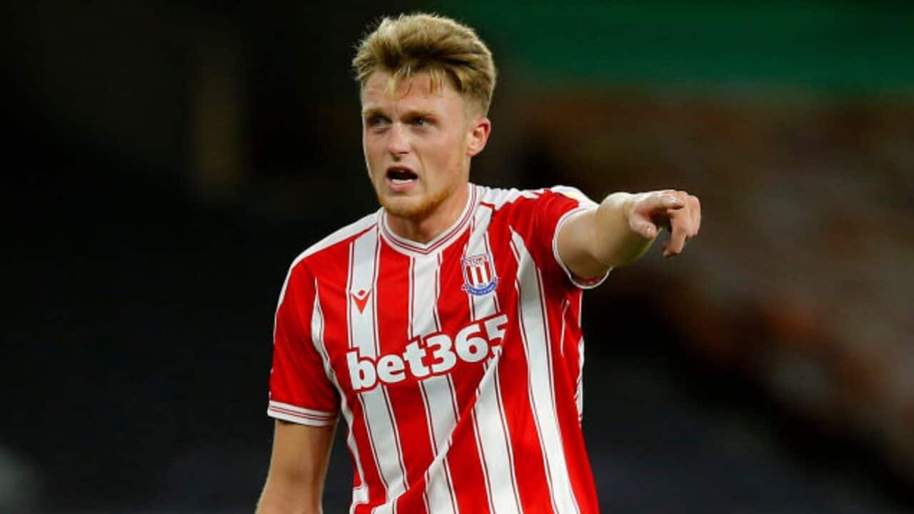 Harry Souttar in action for Stoke City in the EFL Cup