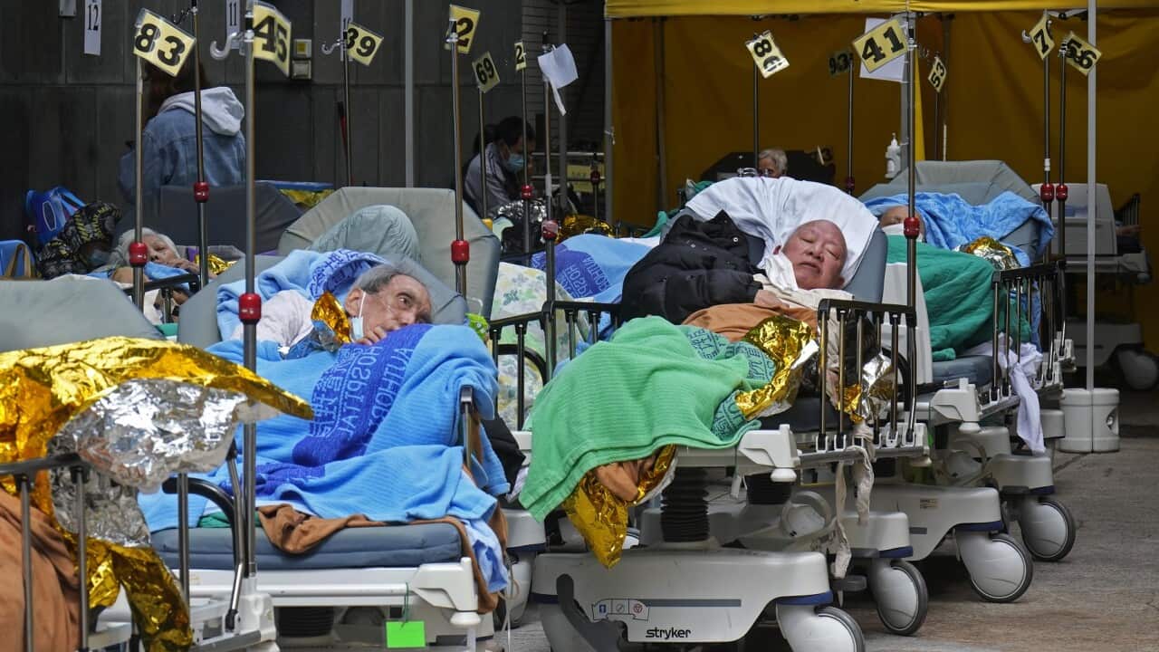 Patients at a temporary holding area outside Caritas Medical Centre in Hong Kong