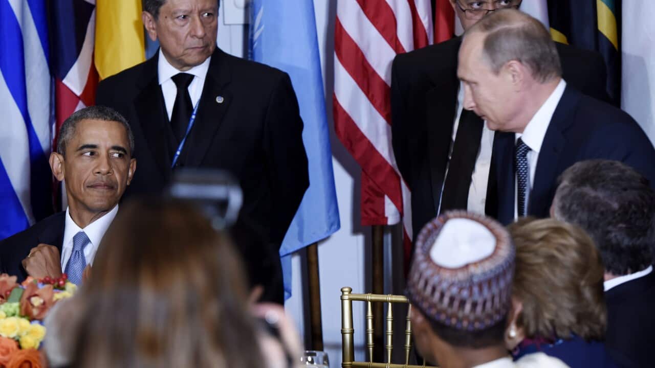 Russian President Vladimir Putin (L) and US President Barack Obama (R) at the start of a luncheon for world leaders during the 70th session of the United Nations General Assembly at United Nations headquarters in New York, New York, USA, 28 September 2015