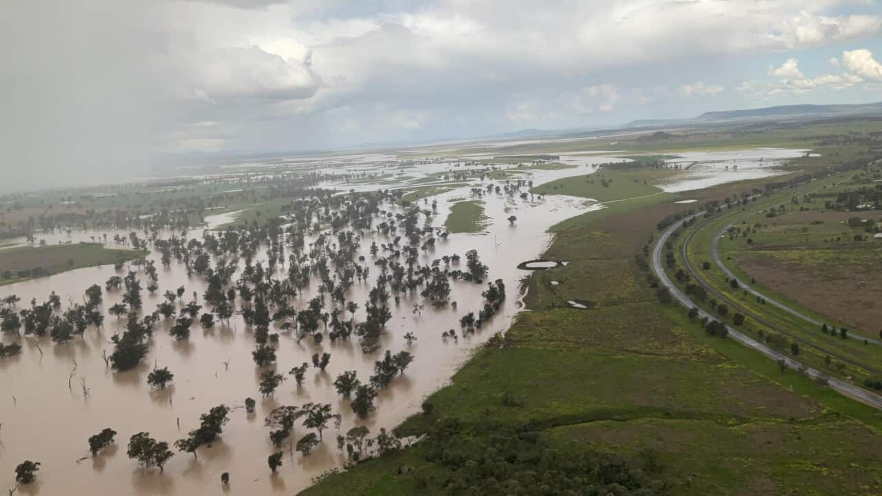 An aerial view of the flood waters in the NSW town of Gunnedah.
