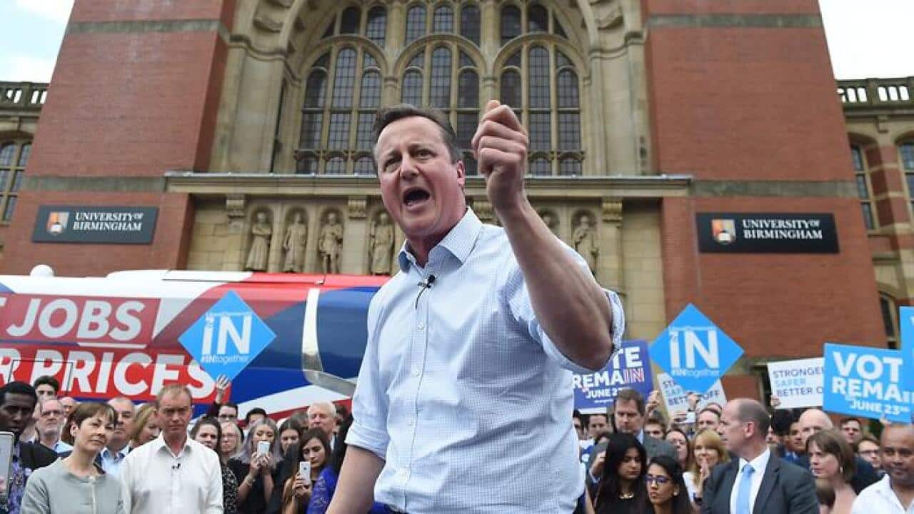 British Prime Minister, David Cameron delivers a speech urging Britons to vote Remain in the European Union outside Birmigham University in Birmingham (AAP)