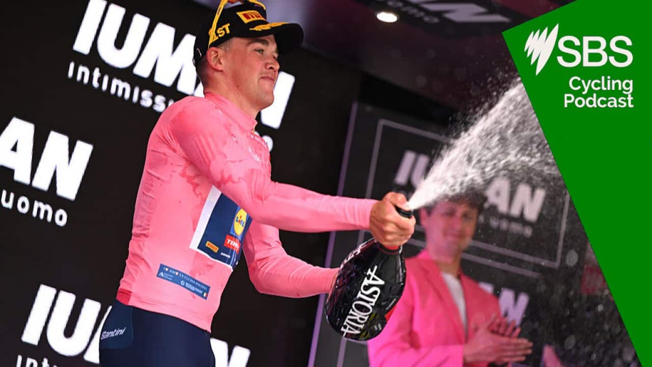 TIRANA, ALBANIA - MAY 09: Mads Pedersen of Denmark and Team Lidl - Trek celebrates at podium as Pink Leader Jersey winner during the 108th Giro d'Italia 2025, Stage 1 a 160km stage from Durres to Tirana / #UCIWT / on May 09, 2025 in Tirana, Albania. (Photo by Dario Belingheri/Getty Images)