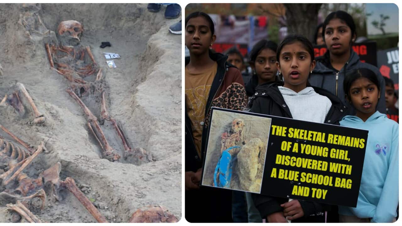 Left: Chemmani mass graves (SBS Reporter, Sri Lanka); Right: Tamils awareness campaign in Canberra, July 21, 2025 (Satish)
