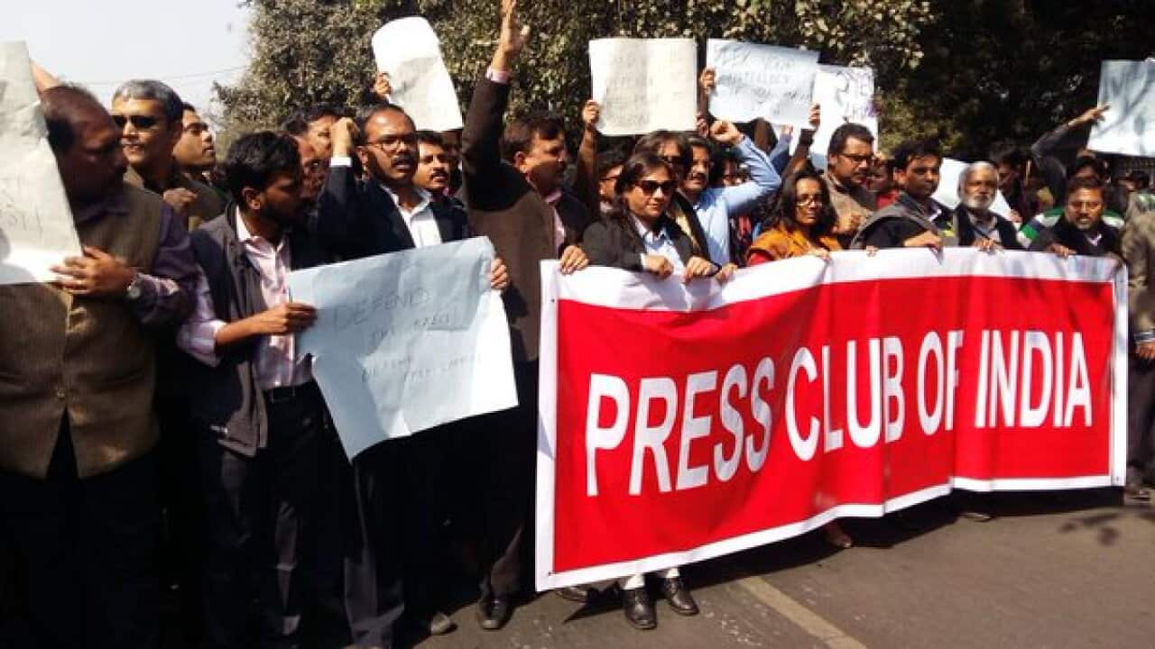 Journalists protesting against attack on them in a Delhi court during case hearing of JNU students union president, Kanhayia Kumar.