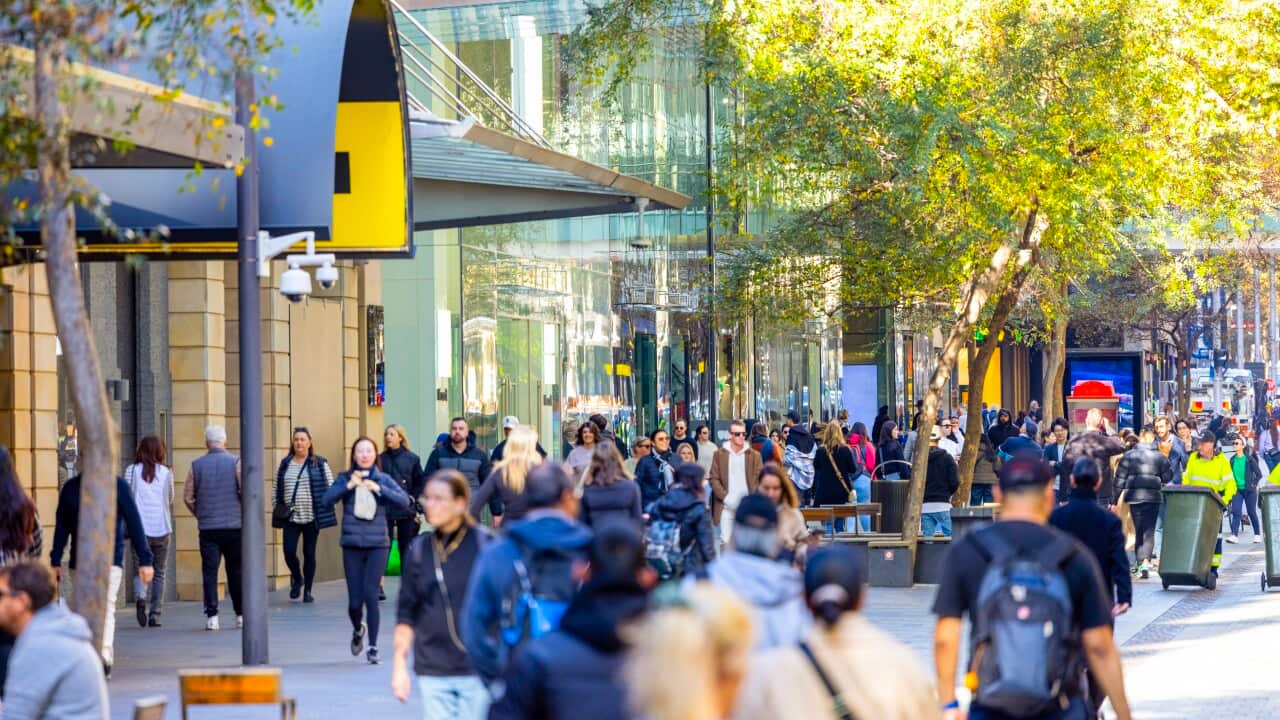People walking along a wide city mall with shops on either side