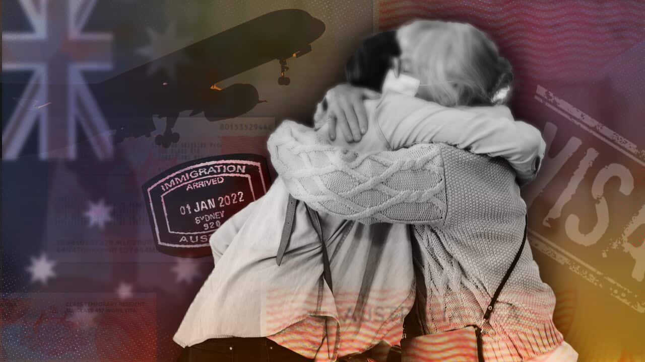 Composite image of relatives hugging at an airport.
