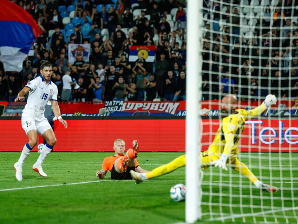 Netherlands player Mexx Meerdink (centre) scores against Serbia in Belgrade, UEFA Nations League round 2