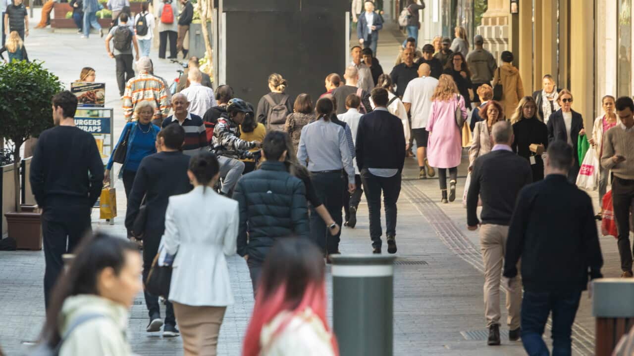 Crowd of shoppers in the Queen Street mall, Brisbane QLD Australia
