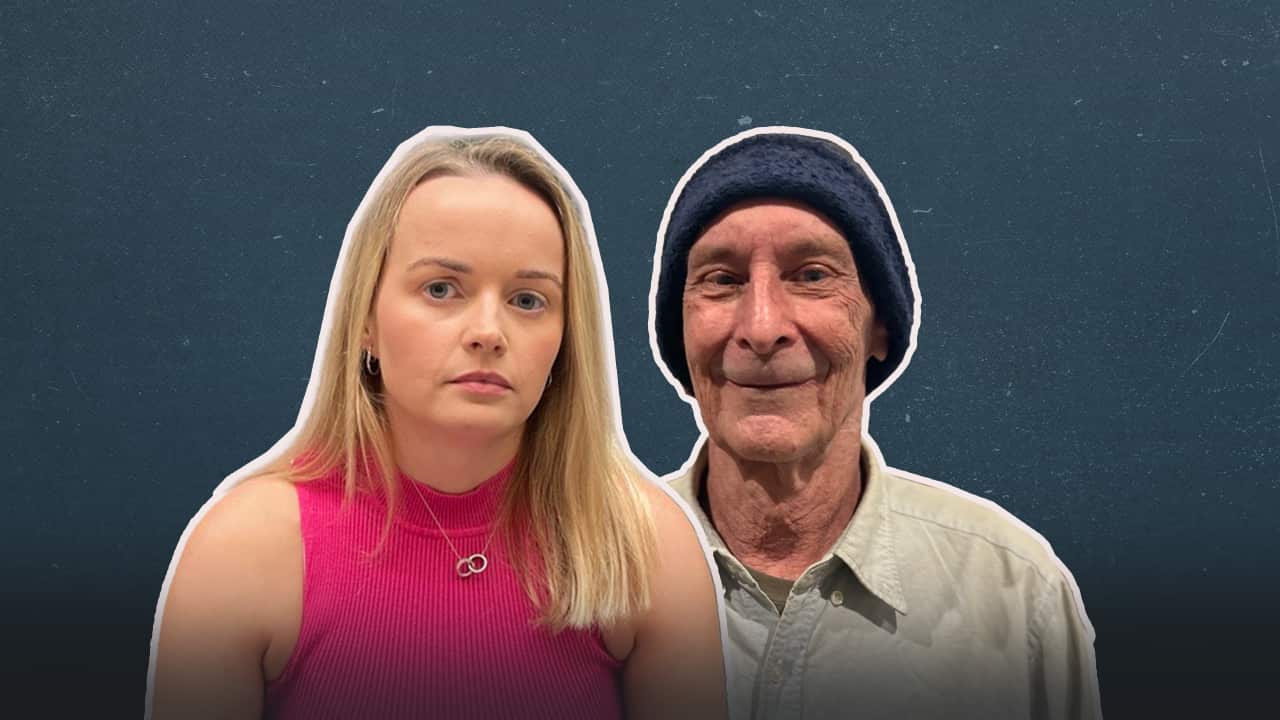 a plain navy blue background with a young blonde woman in a pink top on the left, an older man in a beanie